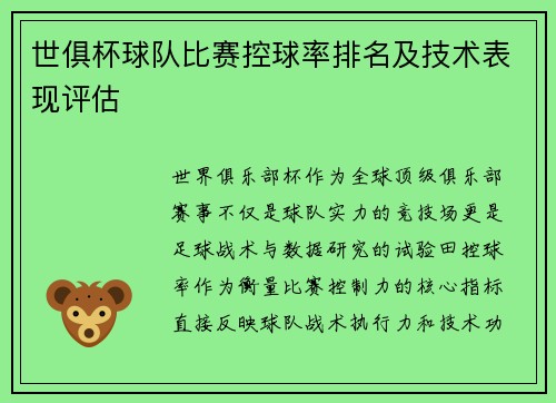 世俱杯球队比赛控球率排名及技术表现评估