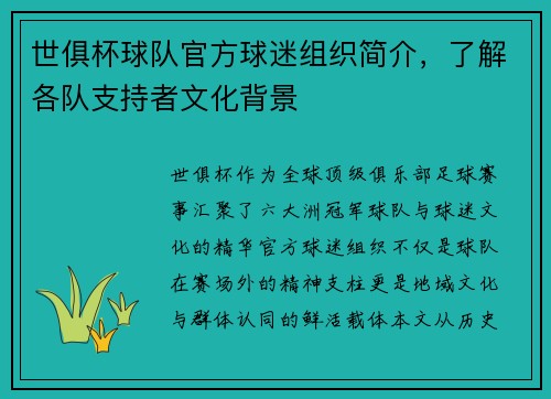 世俱杯球队官方球迷组织简介，了解各队支持者文化背景